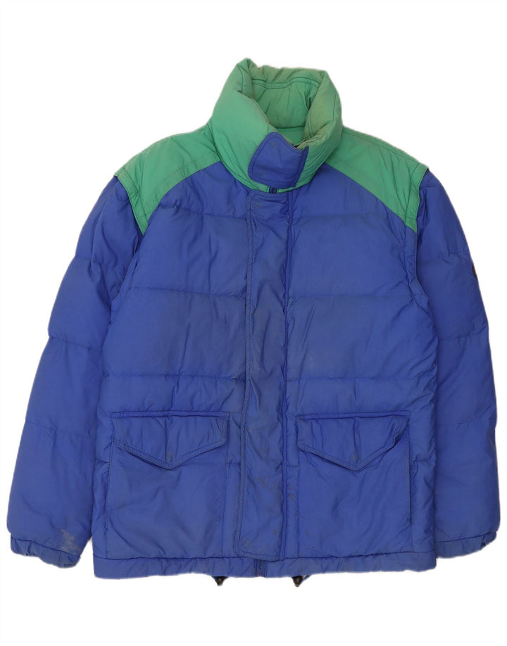 Męska kurtka oversize w stylu vintage, wyściełana UK 36, mały, niebieski nylon z blokami kolorów
