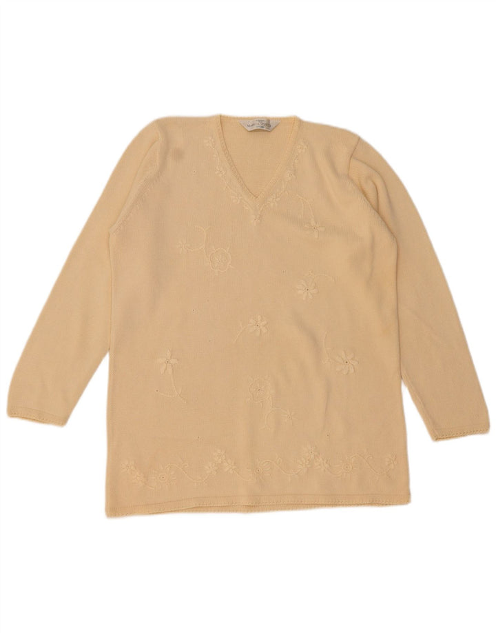 Marks & Spencer Damski sweter z dekoltem w kształcie litery V, UK 12, średni beż w kwiaty