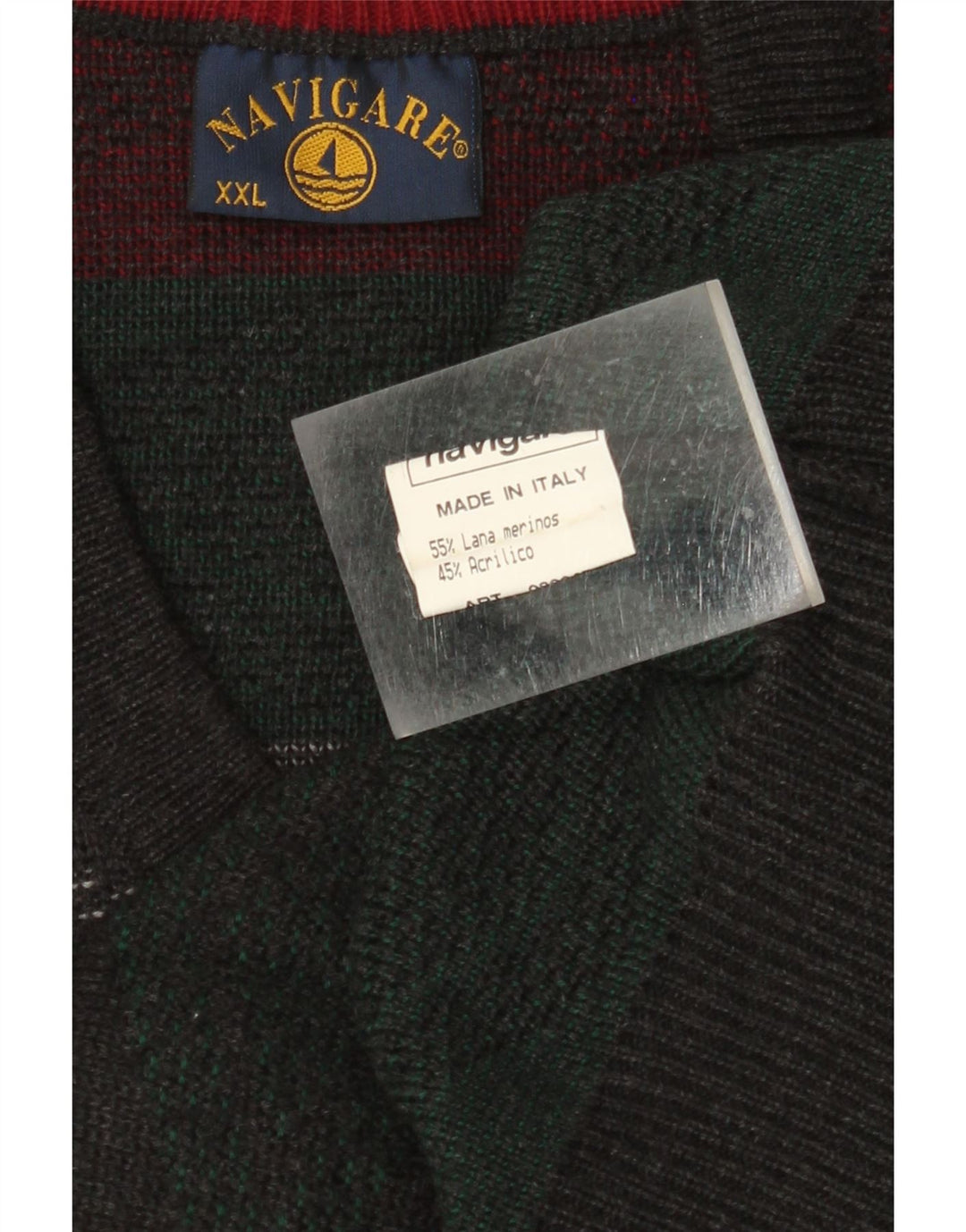 Męski sweter NAVIGARE z dekoltem w kształcie litery V, 2XL, zielony, argyle/diamentowa wełna merynosów