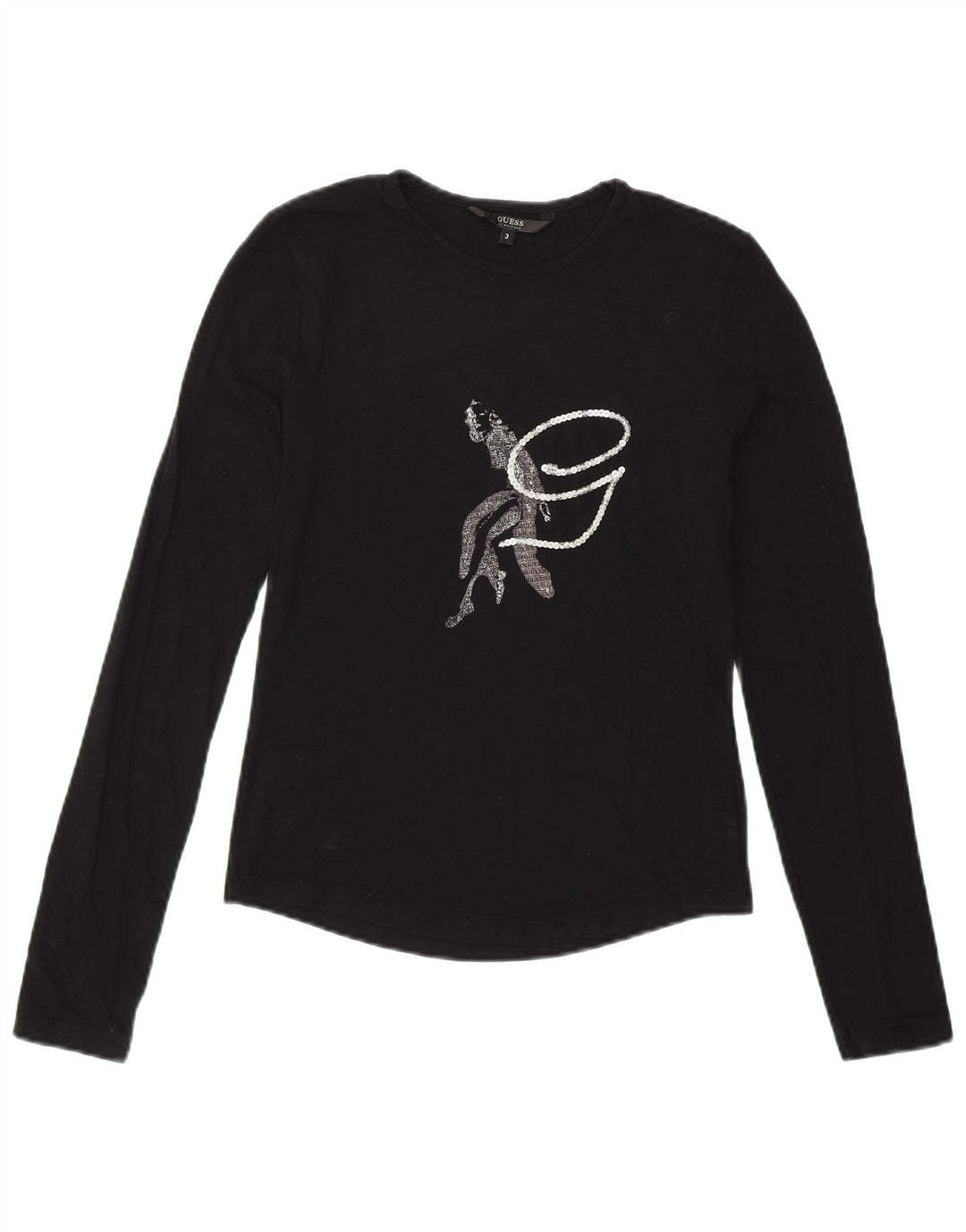 Damski top graficzny Guess By Marciano z długim rękawem, rozmiar 3 XS, czarny