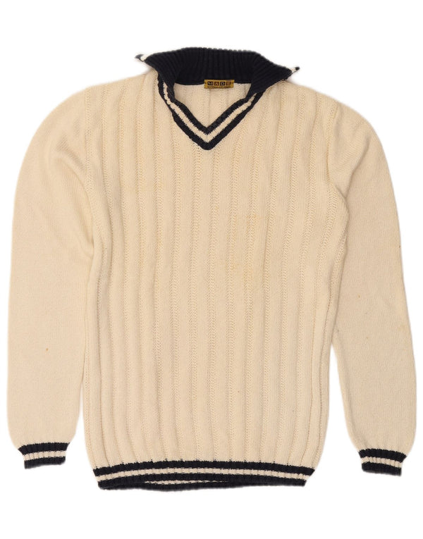Sweter damski w stylu vintage z dekoltem w szpic, UK 16, duży, bawełniany w białe paski