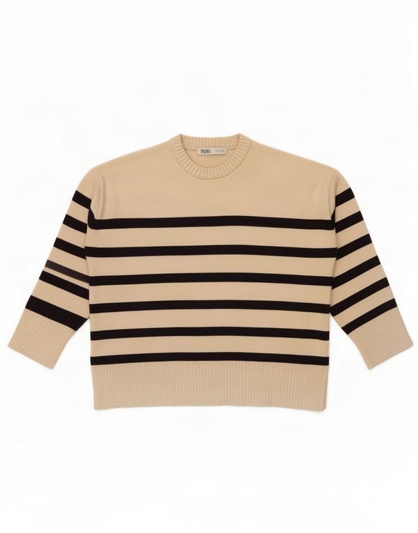 Damski sweter oversize Zara z okrągłym dekoltem UK 16 w duże beżowe paski