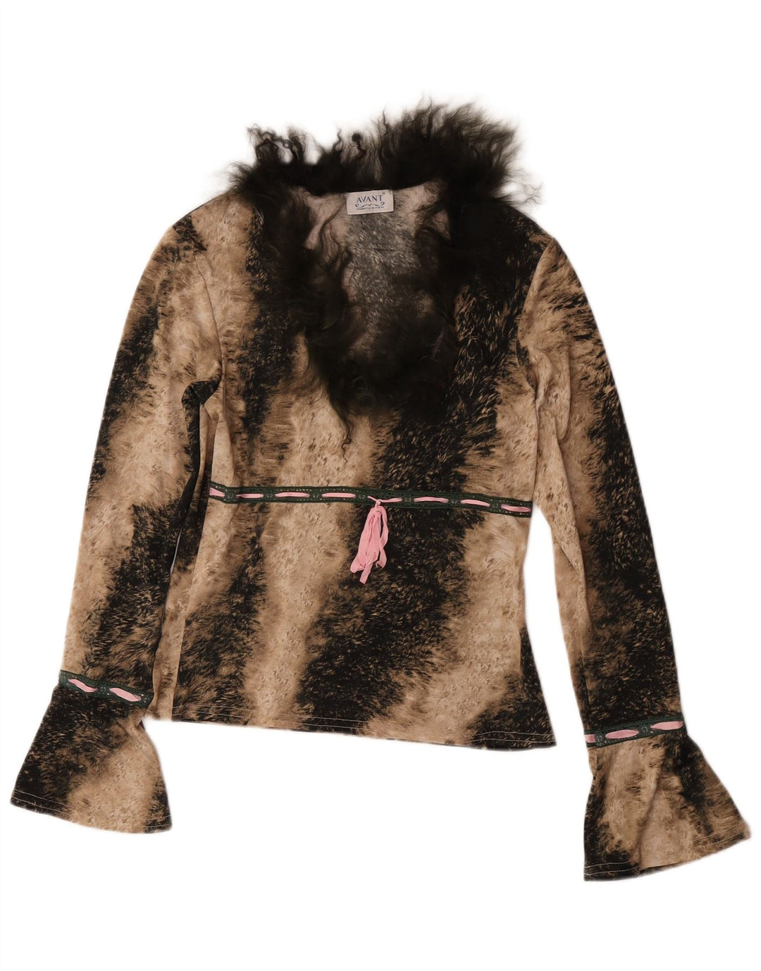 Damski top Avant z długim rękawem, UK 6 XS, brązowy poliester z nadrukiem zwierzęcym