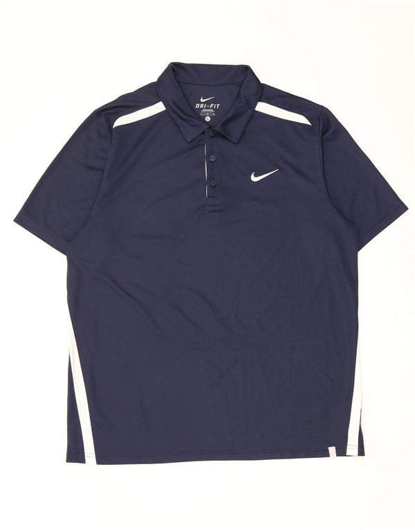 Męska koszulka polo Nike Dri Fit, duża, granatowa, poliestrowa z blokami kolorów