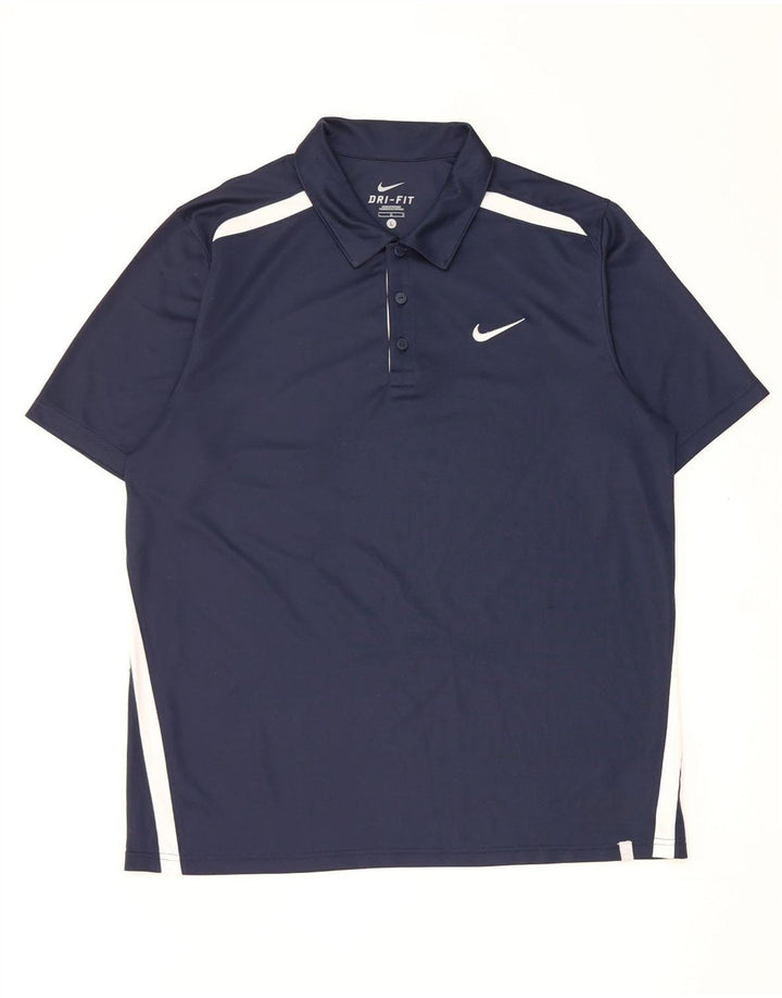 Męska koszulka polo Nike Dri Fit, duża, granatowa, poliestrowa z blokami kolorów