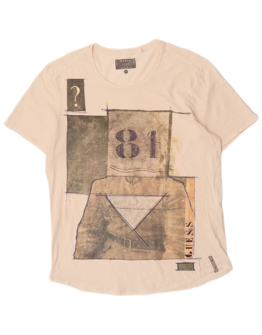 Męski T-shirt Guess o regularnym kroju z grafiką, średni, w kolorze złamanej bieli