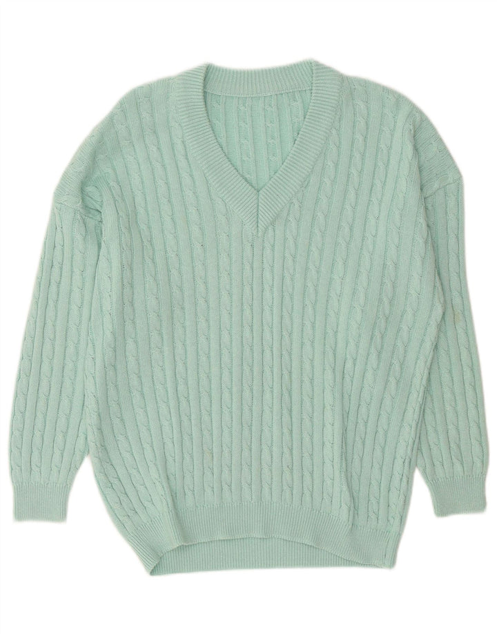Vintage męski sweter z dekoltem w kształcie litery V, duży turkusowy