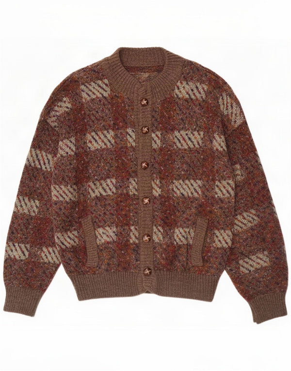 Vintage męski sweter kardigan w dużą brązową kratę akryl
