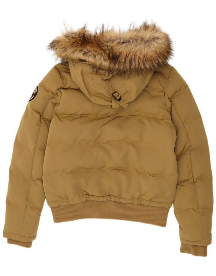 Damska ocieplana kurtka z kapturem Superdry UK 14, duża, beżowa, poliester