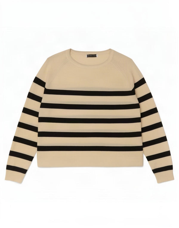 Zara Womens Crew Neck Jumper Sweater UK 14 Large Off White Striped Viscose