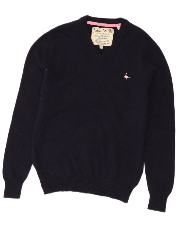 Sweter damski Jack Wills z dekoltem w kształcie litery V, UK 14, średni granatowy, wełna merynosów