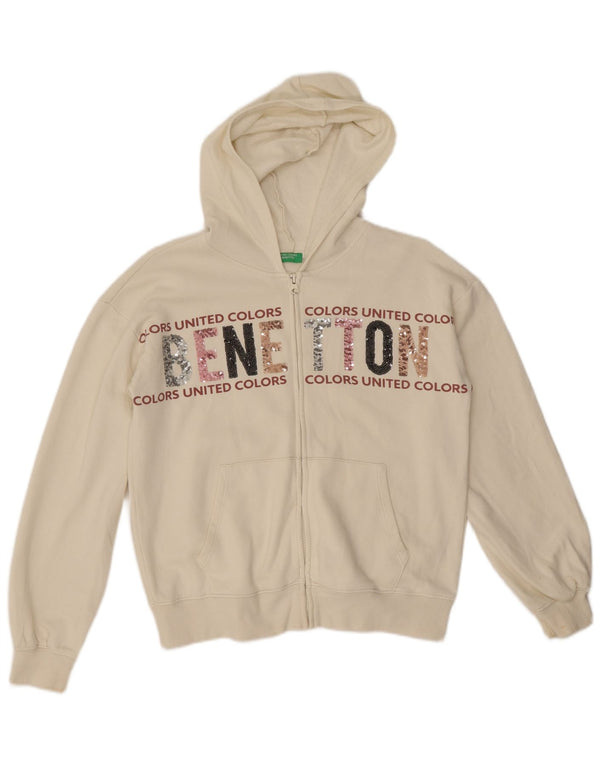 Dziewczęcy sweter z kapturem i grafiką Benetton, zapinany na zamek, 13-14 lat, biały