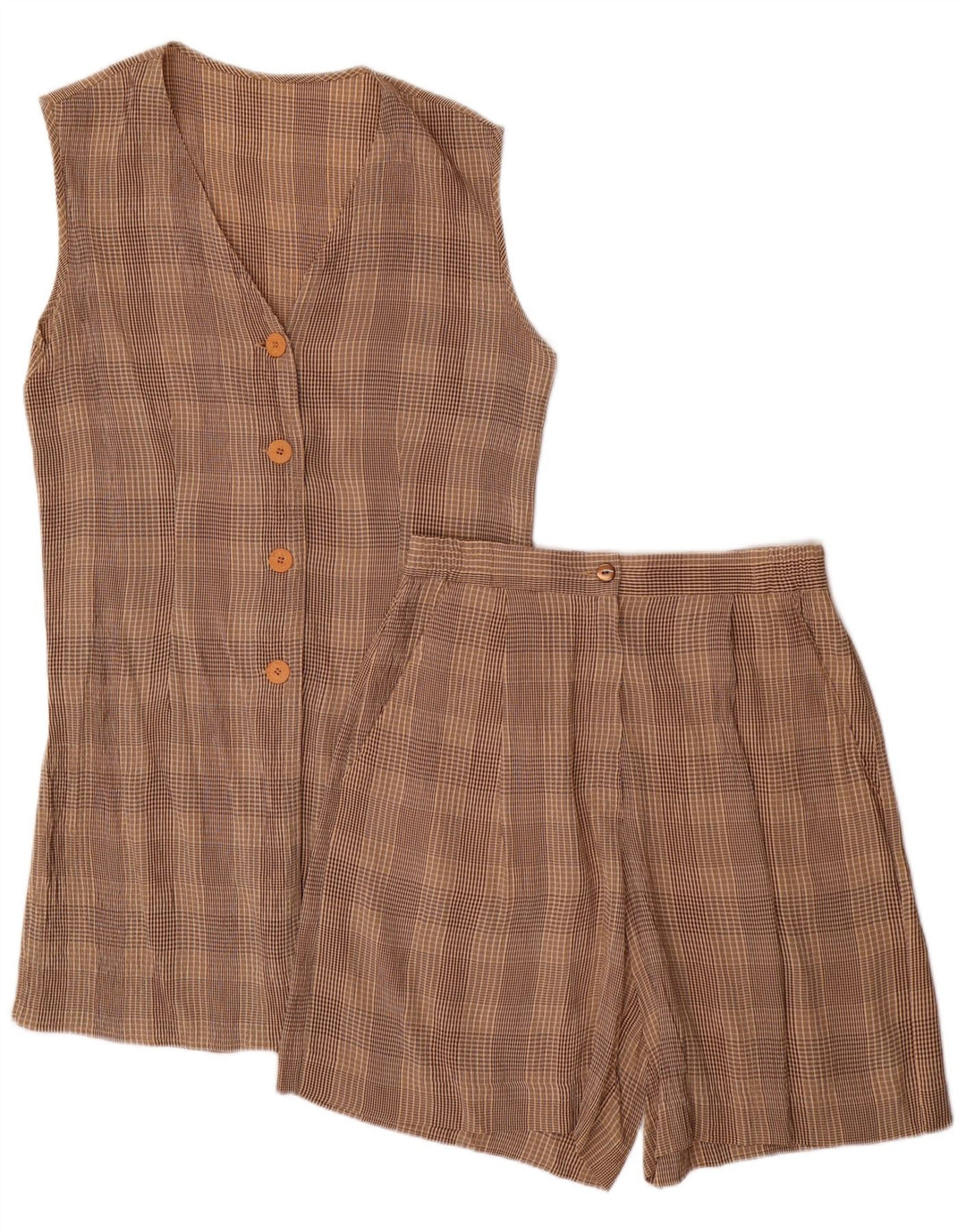 VINTAGE damski zestaw 2-częściowy z 4 guzikami, UK 10, mały, W28, brązowy octan w kratkę
