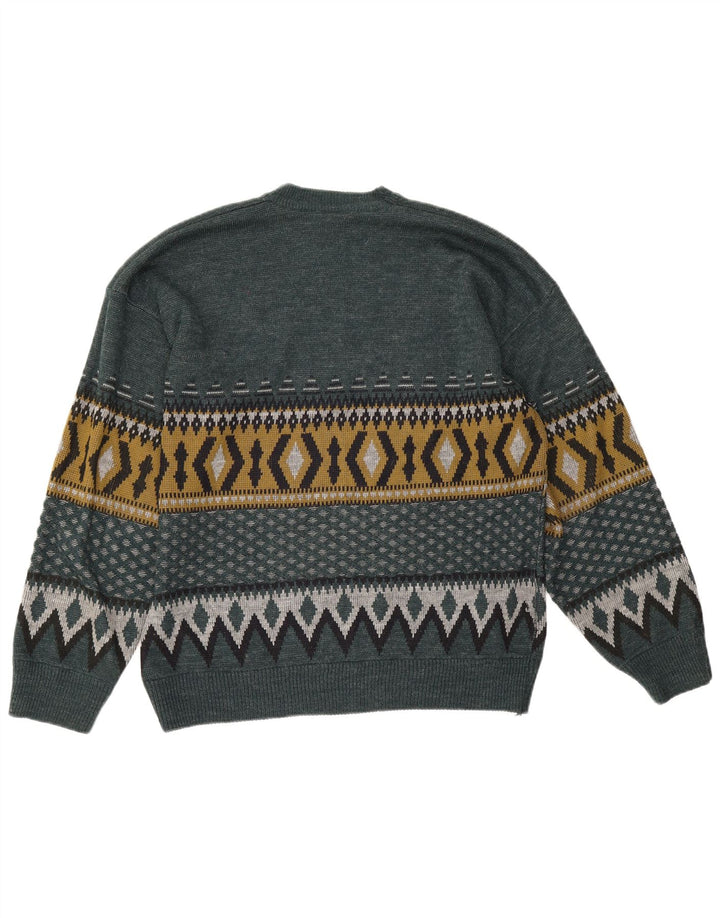 Vintage męski sweter z wycięciem pod szyją, duży, zielony, geometryczny
