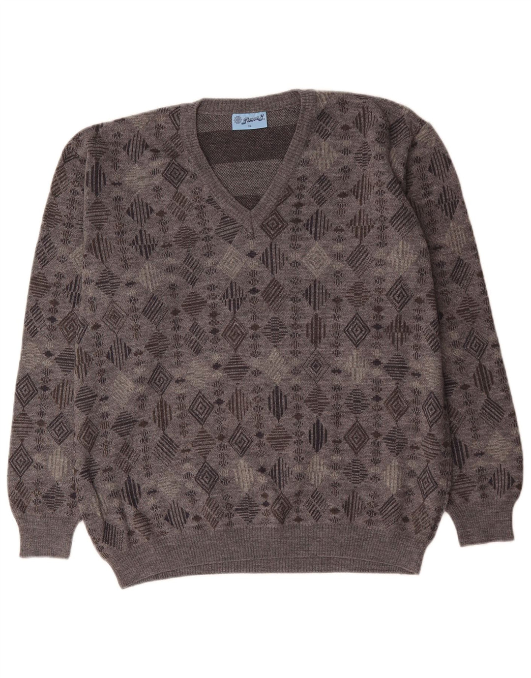 VINTAGE Męski sweter z dekoltem w kształcie litery V, XL, szary, geometryczny