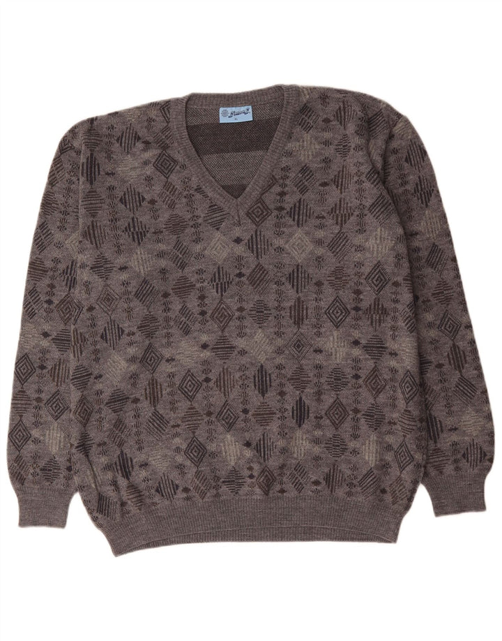 VINTAGE Męski sweter z dekoltem w kształcie litery V, XL, szary, geometryczny