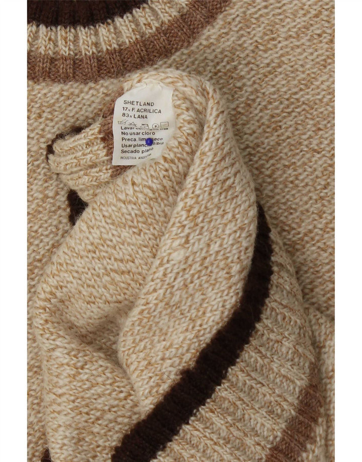 Vintage męski sweter z wycięciem pod szyją, średni beżowy akryl w blokach kolorystycznych