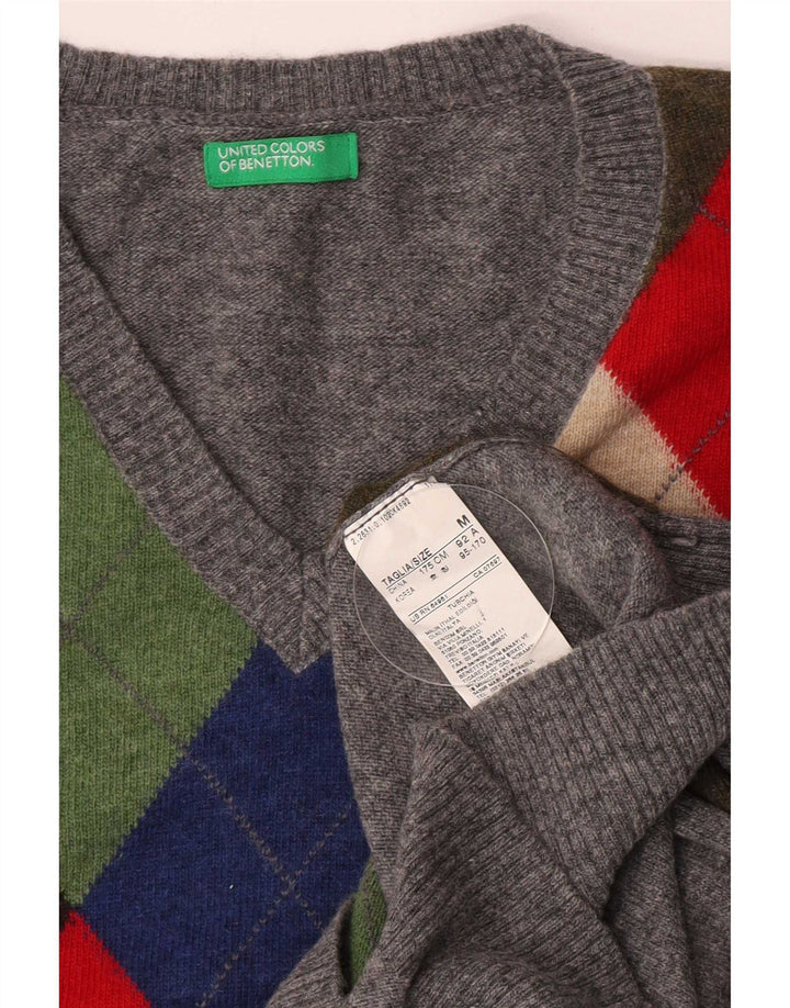 Męski sweter Benetton z dekoltem w kształcie litery V, średnioszary, argyle/diamentowa wełna