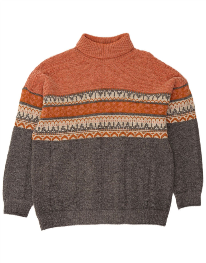 Vintage męski sweter z wywijanym dekoltem, duży pomarańczowy Fair Isle