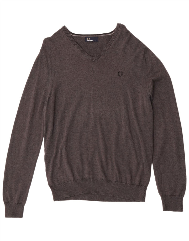 Męski sweter Fred Perry z dekoltem w szpic, duży, szary, wełna merynosów