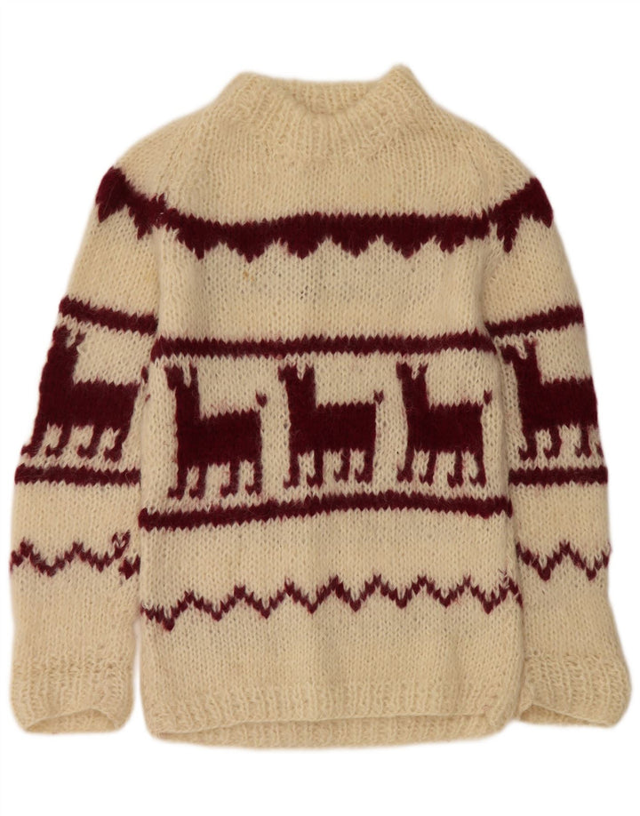 Sweter damski w stylu vintage z okrągłym dekoltem UK 14 Medium Off White Aztec
