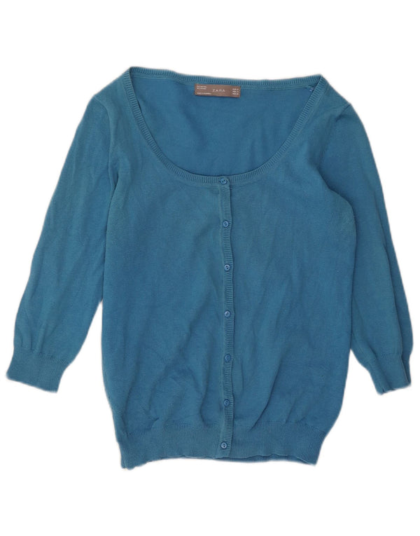 Zara Womens 3/4 Sleeve Cardigan Sweater UK 12 Medium Blue Cotton