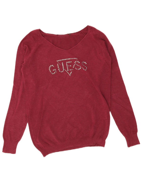 Damski sweter Guess z graficznym dekoltem w kształcie litery V, UK 10, mały, bordowy modal