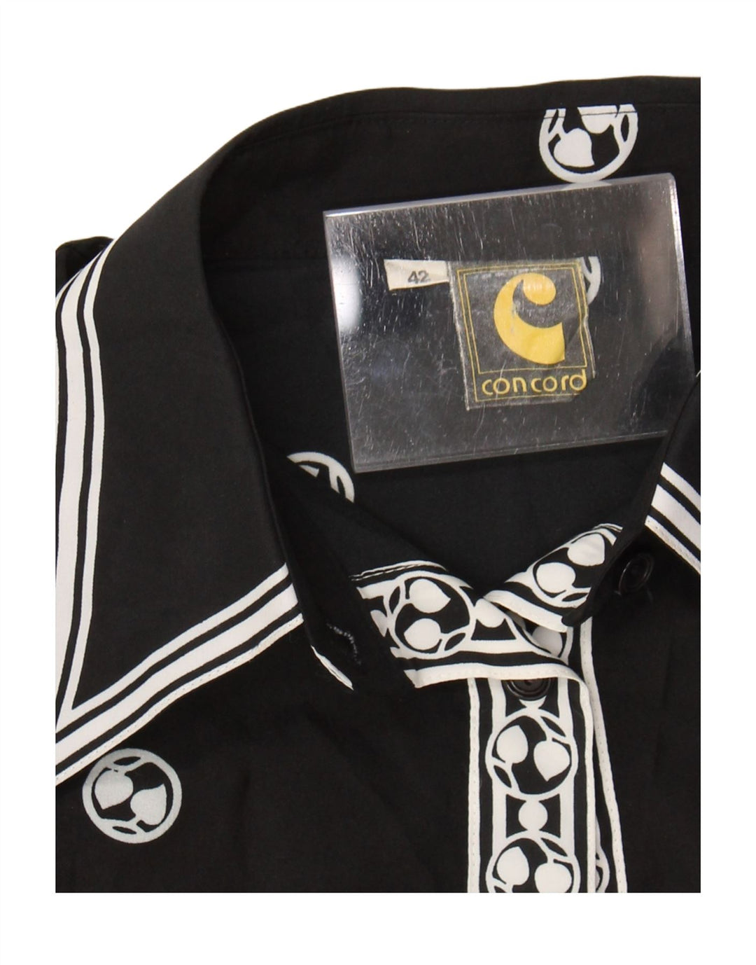 Damska bluzka koszulowa w stylu vintage EU 42, duży czarny geometryczny poliester