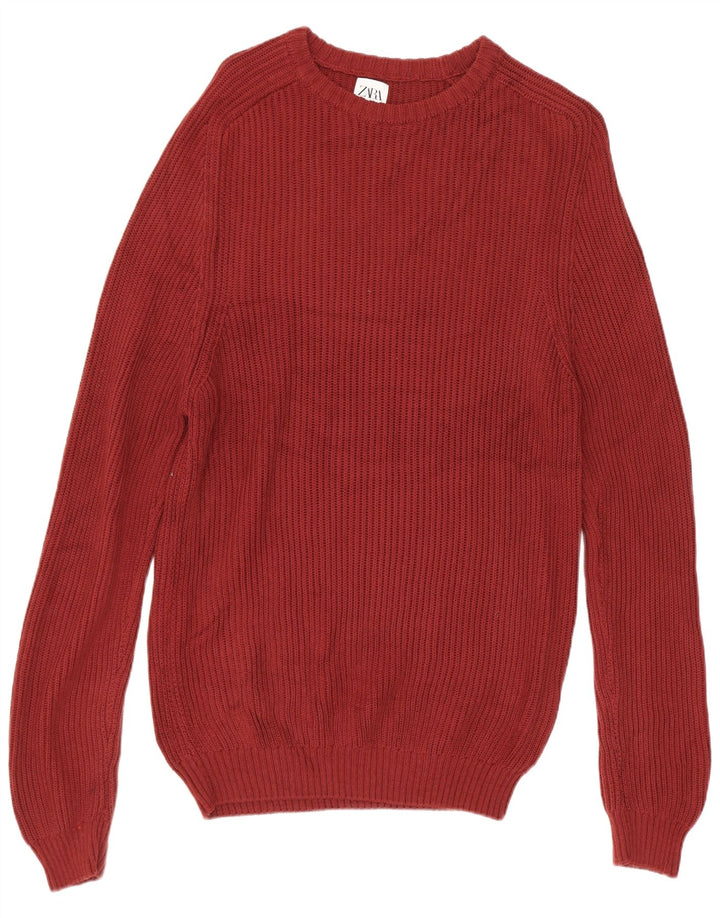 Męski sweter Zara z dekoltem w łódkę, średni bordowy bawełniany