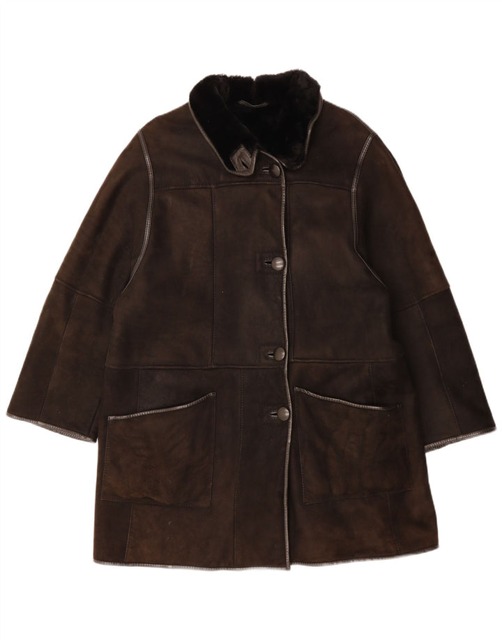 Płaszcz damski VINTAGE UK 14, duży, brązowy, skórzany