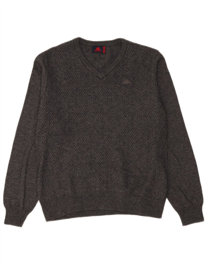Męski sweter Kappa z dekoltem w szpic, mały, szary, wełniany Chevron
