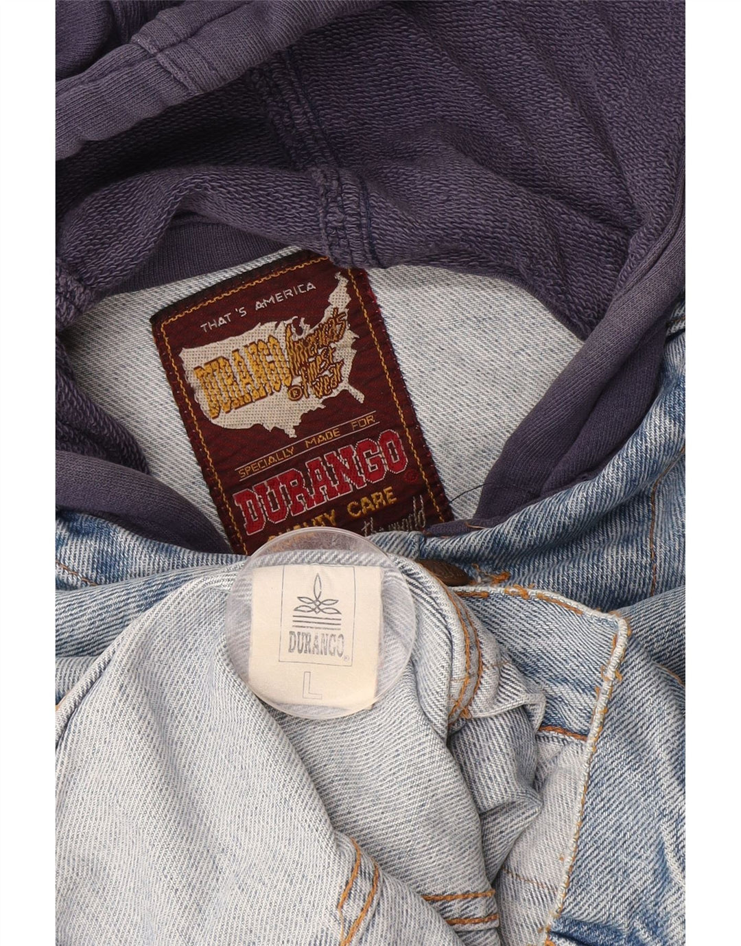 Męska kurtka dżinsowa z kapturem DURANGO UK 40, duża, niebieska, bawełniana w bloki kolorów