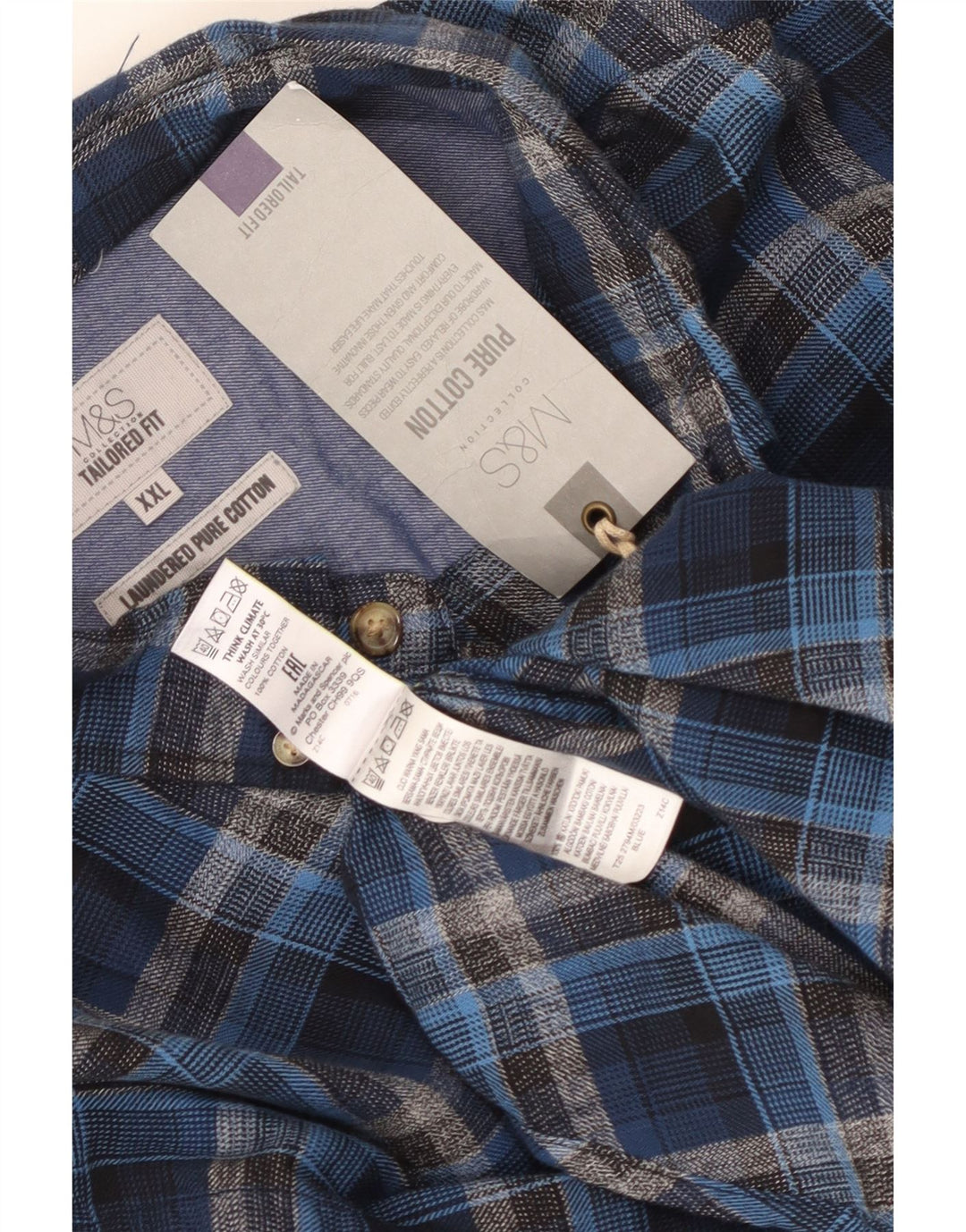 MARKS & SPENCER Męska koszula flanelowa o dopasowanym kroju 2XL, bawełniana w niebieską kratkę