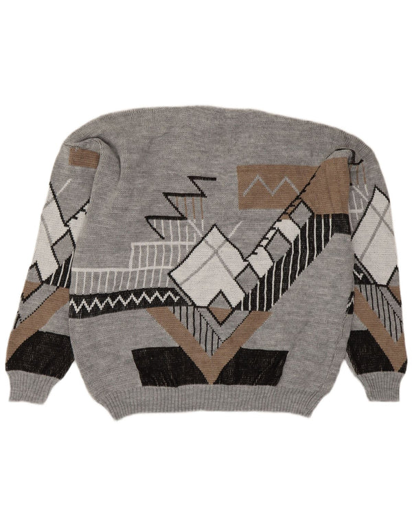 Męski sweter w stylu vintage z dekoltem w szpic, duży, szary, geometryczny akryl