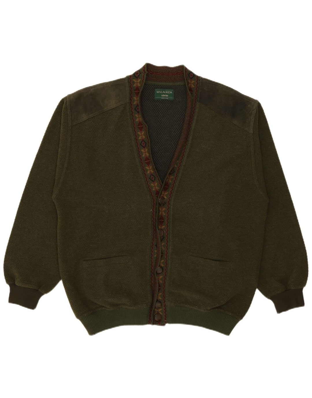Męski sweter rozpinany Malagrida, duży khaki, wełna Fair Isle