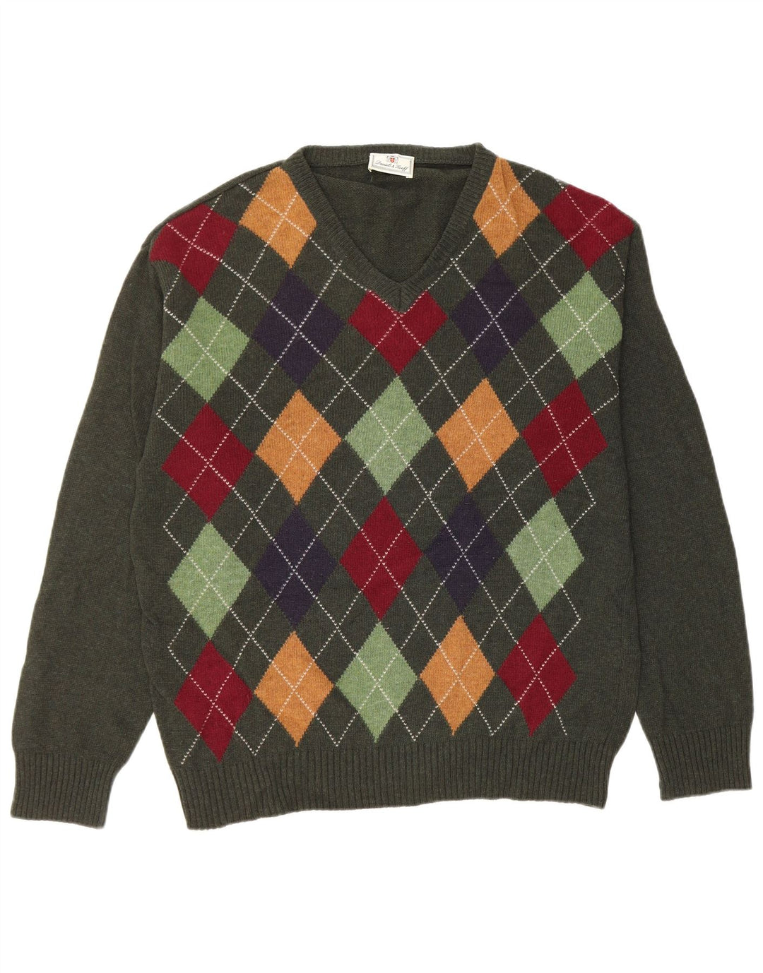 VINTAGE Męski sweter z dekoltem w kształcie litery V, średnio zielony Argyle/diamentowa nowa wełna