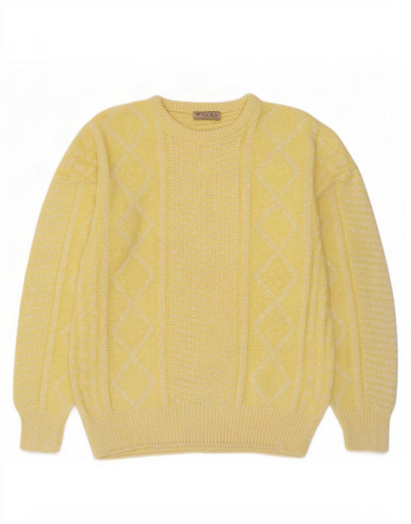 Męski sweter z okrągłym dekoltem w stylu vintage IT 52, duża, żółta, geometryczna bawełna