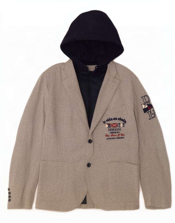 Desigual Mens Hooded 2 Button Blazer Jacket UK 48 4XL Grey Colourblock