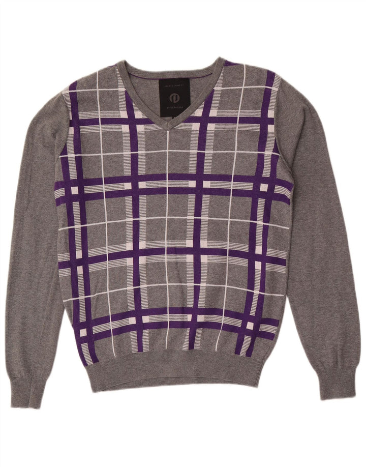 Męski sweter Jack & Jones z dekoltem w kształcie litery V, mały, szary, bawełniany w kratkę
