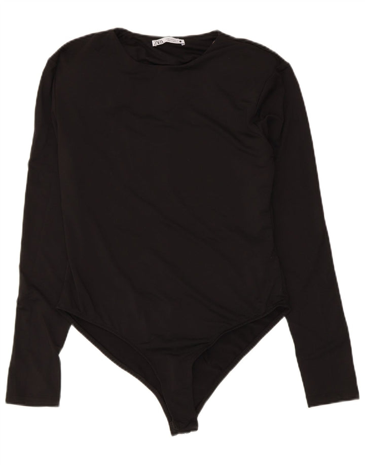 ZARA Womens Long Sleeve Bodysuit UK 12 Medium Black Polyester