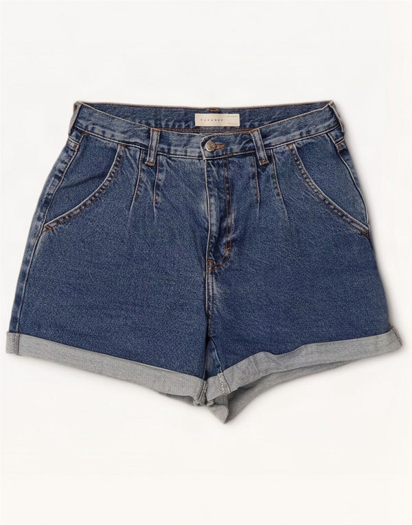 Plisowane spodenki jeansowe damskie Topshop UK 10 małe W28 niebieskie bawełniane