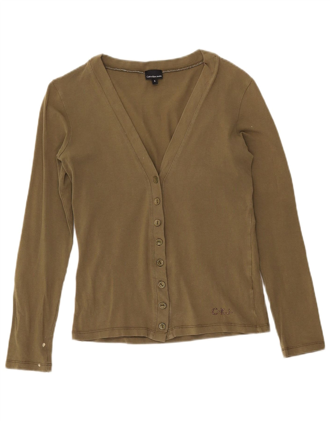 CALVIN KLEIN JEANS Damski sweter kardigan UK 10, mały, bawełniany khaki