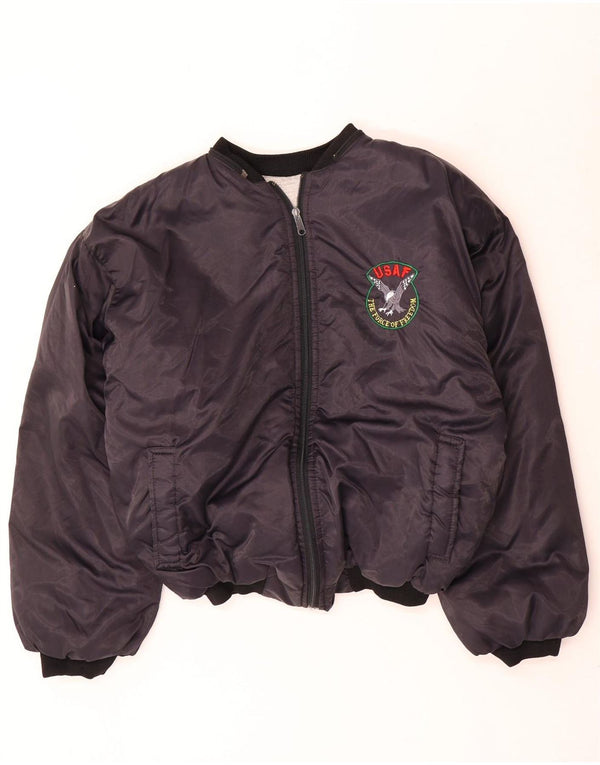 Vintage Mens Bomber Graphic Padded Jacket UK 40 Large Navy Blue