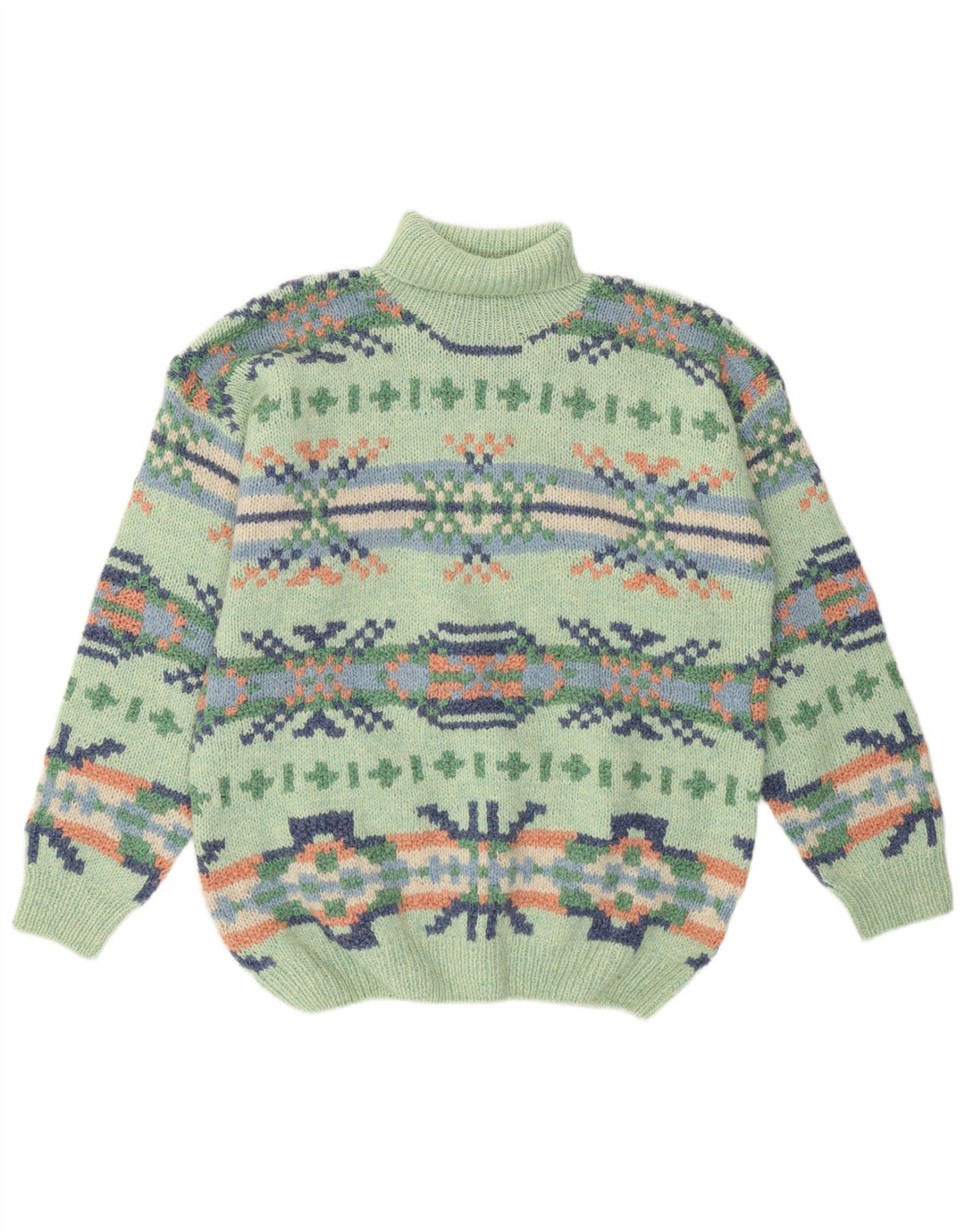 Vintage damski sweter z wywijanym dekoltem, UK 16, duży, zielony Aztec