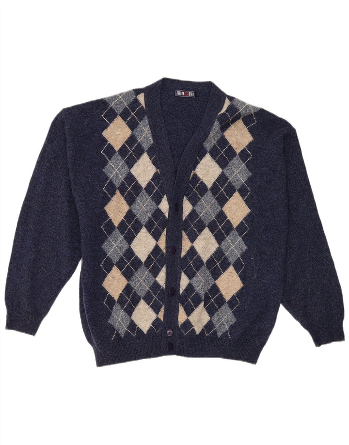 Vintage męski sweter rozpinany XL granatowy Argyle/diamentowa wełna