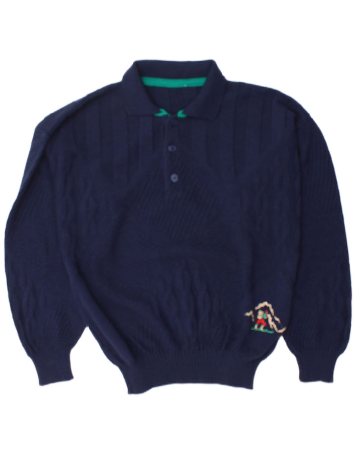 Vintage męski sweter polo z dekoltem w serek, duży granatowy wełniany