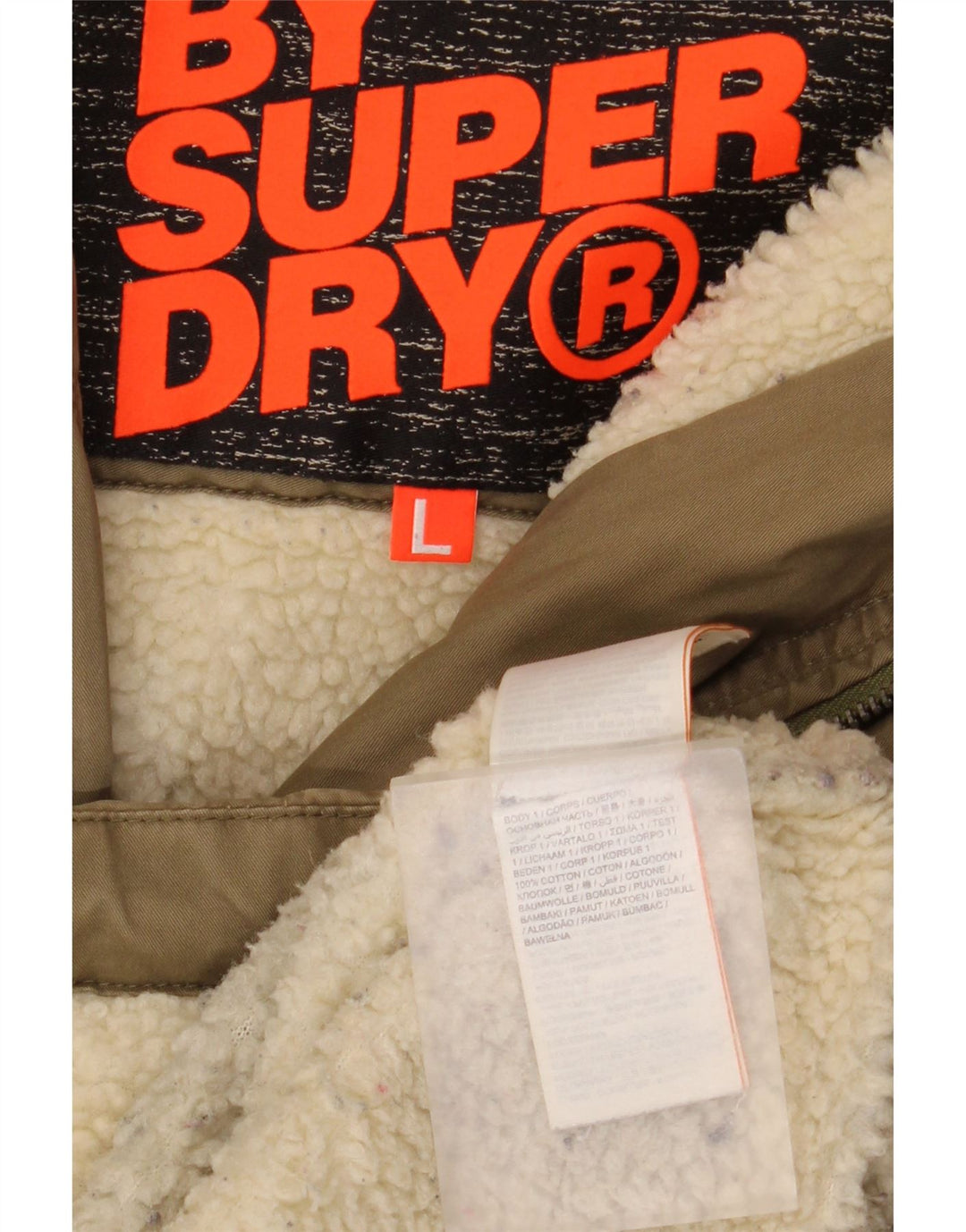 Damska kurtka parka z kapturem Superdry UK 16, duża, bawełniana khaki
