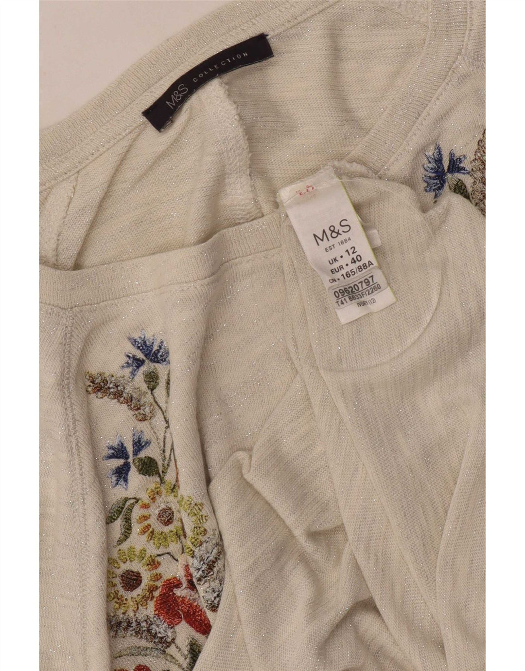 Marks & Spencer Damski top graficzny z rękawem 3/4, UK 12, średni, w kolorze złamanej bieli, w kwiaty