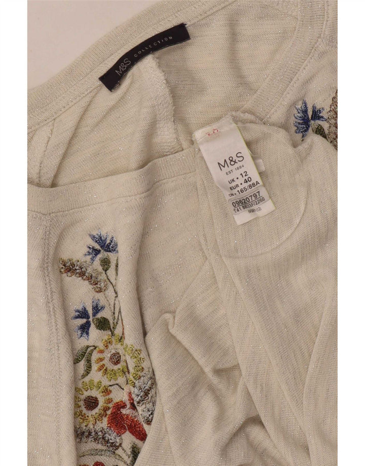 Marks & Spencer Damski top graficzny z rękawem 3/4, UK 12, średni, w kolorze złamanej bieli, w kwiaty