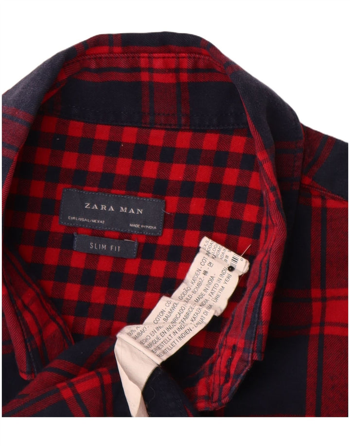Męska koszula flanelowa Zara Slim Fit, duża, bawełniana w czerwoną kratę
